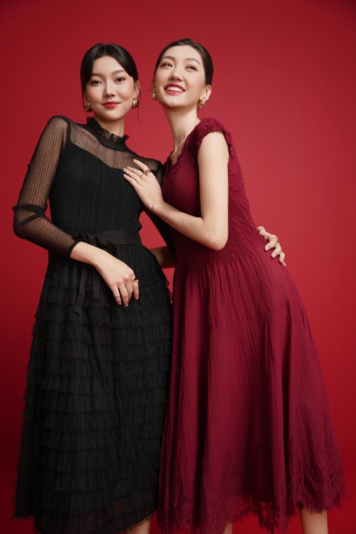 Sixdo Black Ruffle Mesh Flared Dress